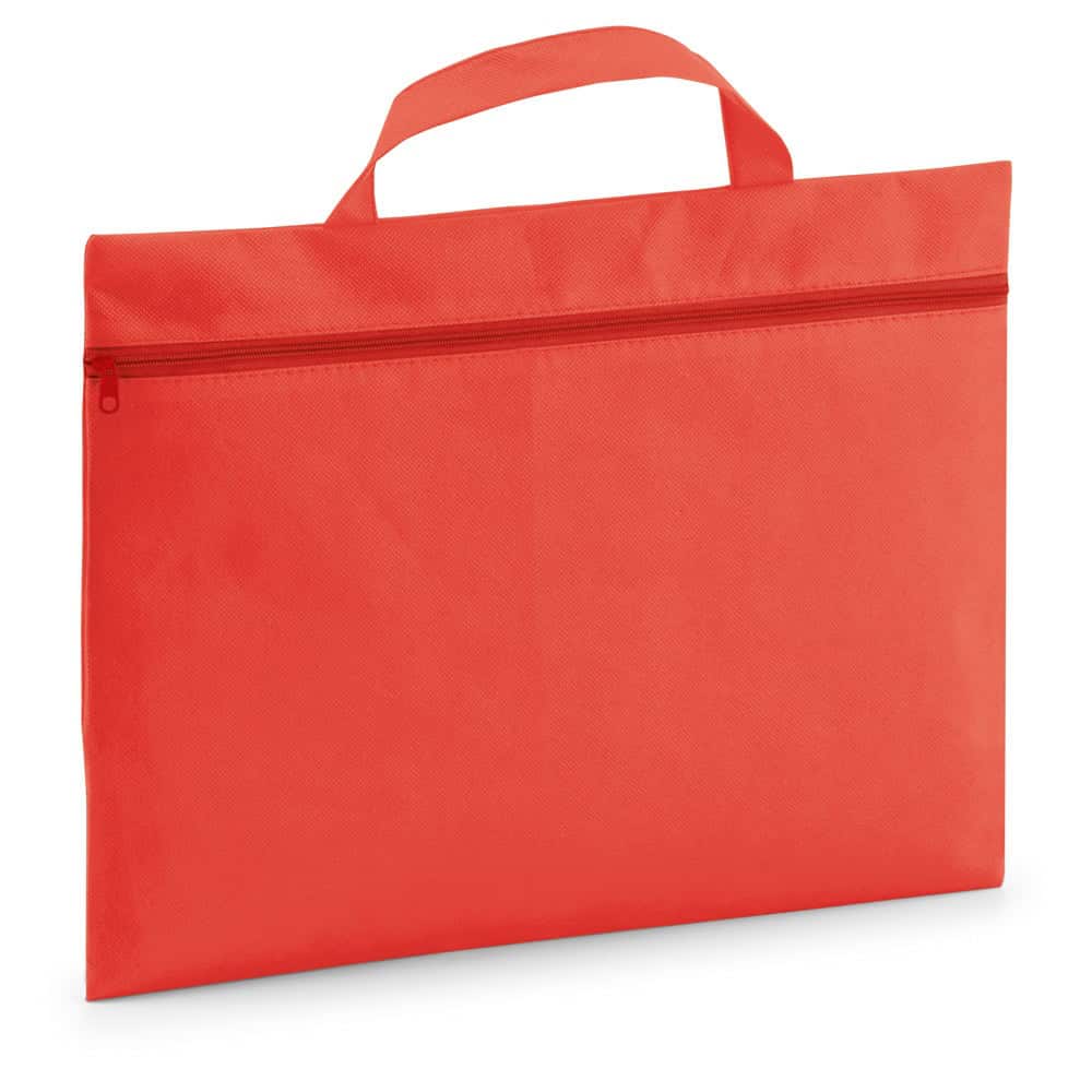 Röd non-woven konferensmapp med dragkedja och handtag.