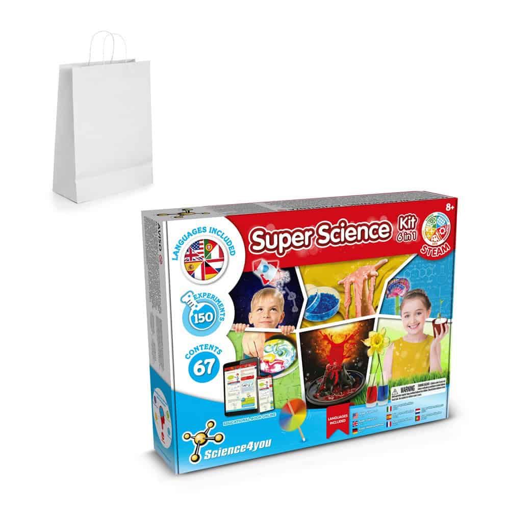 6 in 1 Super Science Kit II. Pedagogiskt spel levereras med en presentpåse av kraftpapper (100 g/m²) – profilreklam med tryck från ExpoTryck
