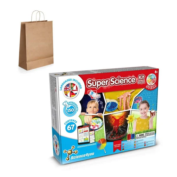 6 in 1 Super Science Kit III. Pedagogiskt spel levereras med en presentpåse av kraftpapper (115 g/m²) – profilreklam med tryck från ExpoTryck