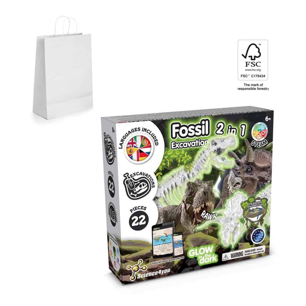 2 in 1 Fossil Excavation Kit II. Pedagogiskt spel levereras med en presentpåse av kraftpapper (90 g/m²), gjord av FSC™-certifierat material och andra kontrollerade material – profilreklam med tryck från ExpoTryck