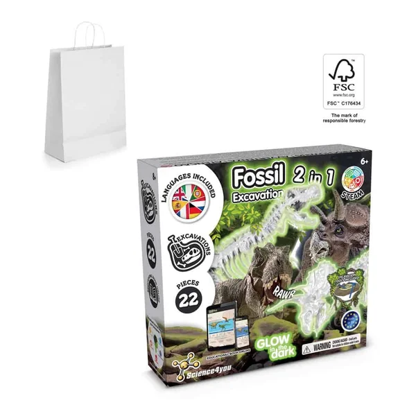 2 in 1 Fossil Excavation Kit II. Pedagogiskt spel levereras med en presentpåse av kraftpapper (90 g/m²), gjord av FSC™-certifierat material och andra kontrollerade material – profilreklam med tryck från ExpoTryck