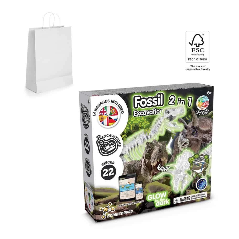 2 in 1 Fossil Excavation Kit II. Pedagogiskt spel levereras med en presentpåse av kraftpapper (90 g/m²), gjord av FSC™-certifierat material och andra kontrollerade material – profilreklam med tryck från ExpoTryck