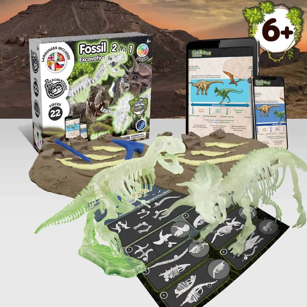 2 in 1 Fossil Excavation Kit V. Pedagogiskt spel levereras med en 190T vikbar presentpåse