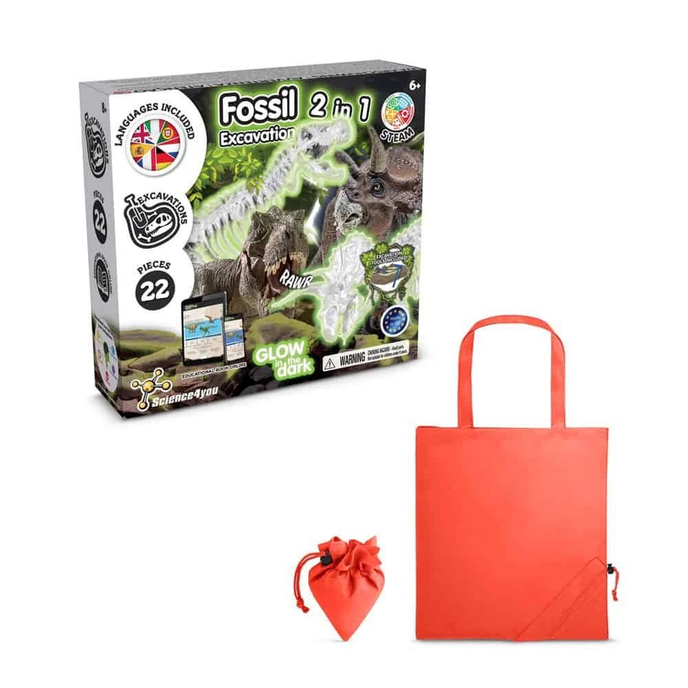 2 in 1 Fossil Excavation Kit V. Pedagogiskt spel levereras med en 190T vikbar presentpåse