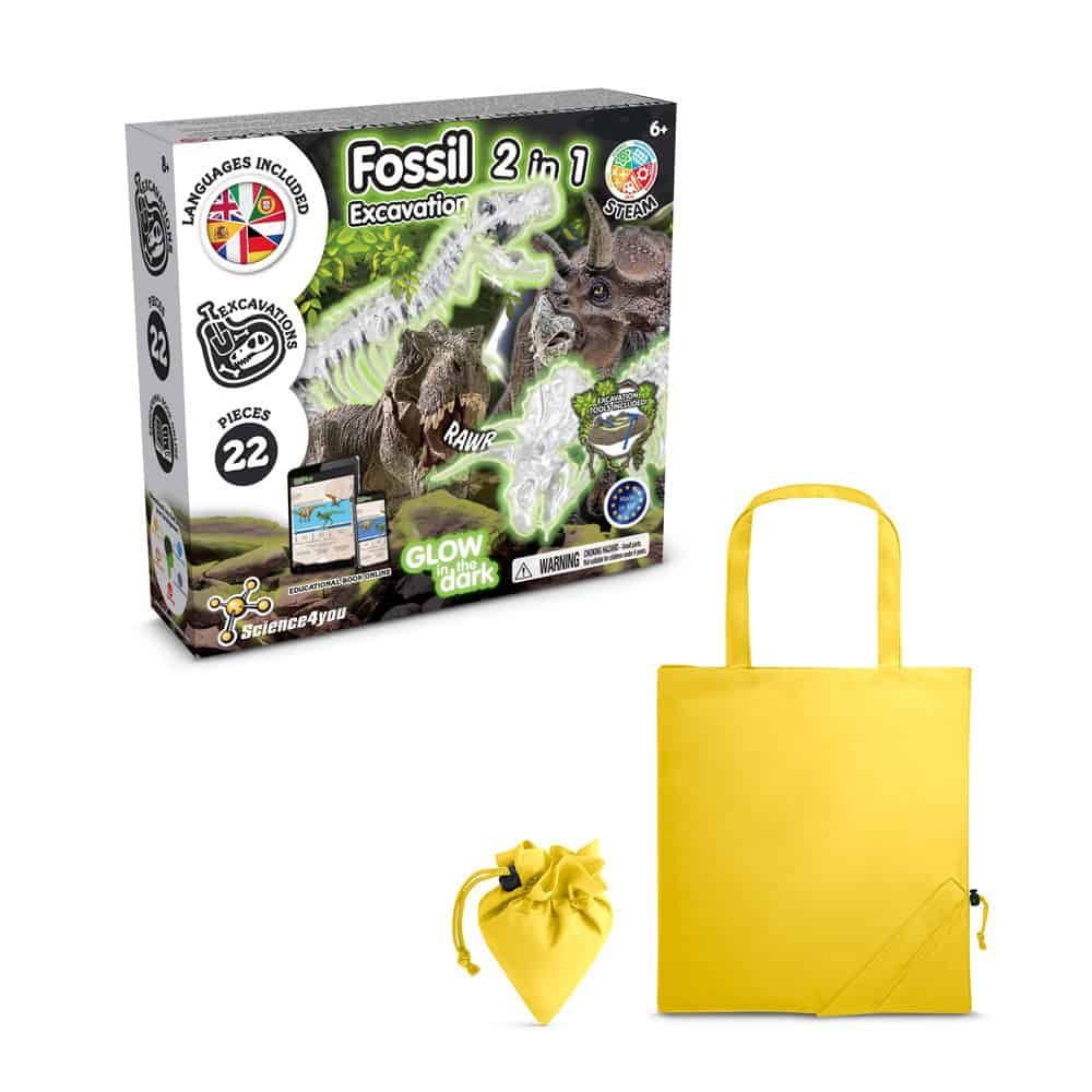 2 in 1 Fossil Excavation Kit V. Pedagogiskt spel levereras med en 190T vikbar presentpåse