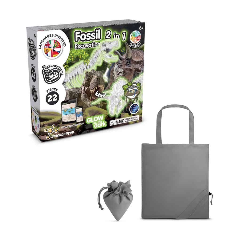 2 in 1 Fossil Excavation Kit V. Pedagogiskt spel levereras med en 190T vikbar presentpåse