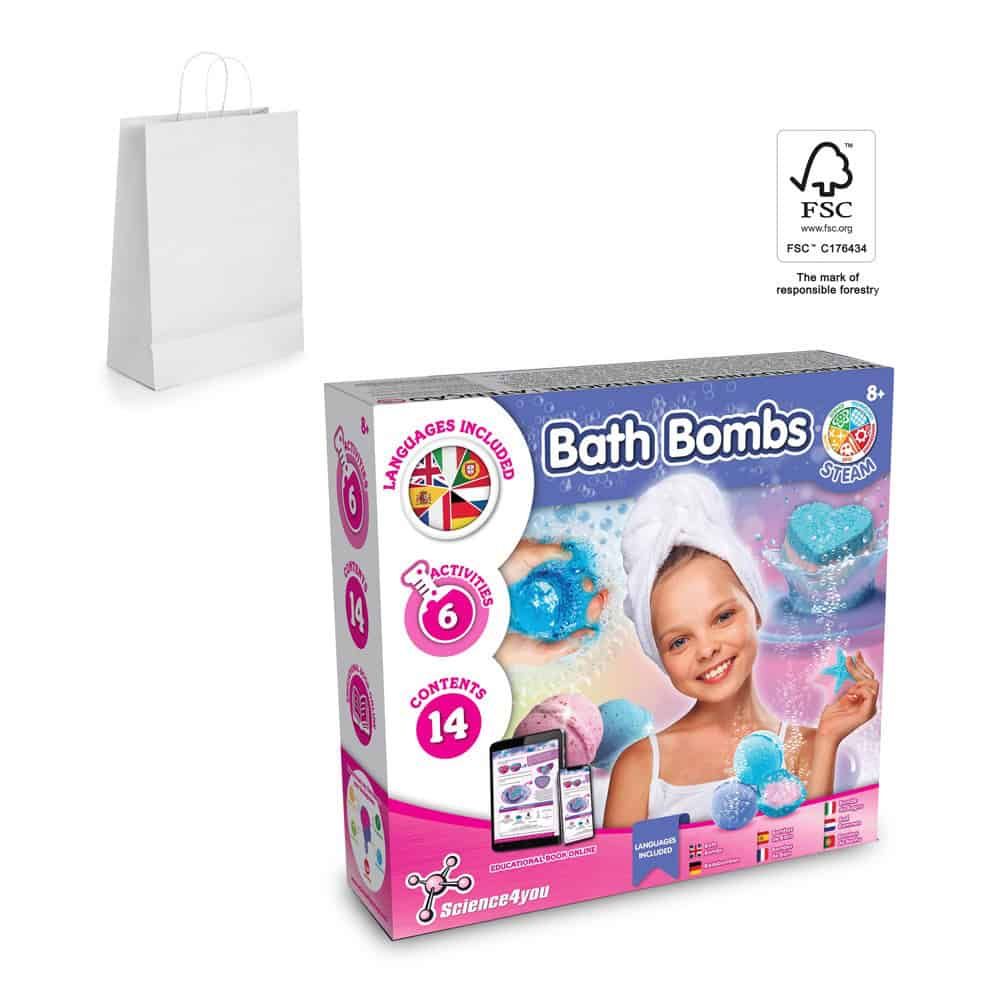 Bath Bombs Kit II. Pedagogiskt spel levereras med en presentpåse av kraftpapper (90 g/m²), gjord av FSC™-certifierat material och andra kontrollerade material – profilreklam med tryck från ExpoTryck