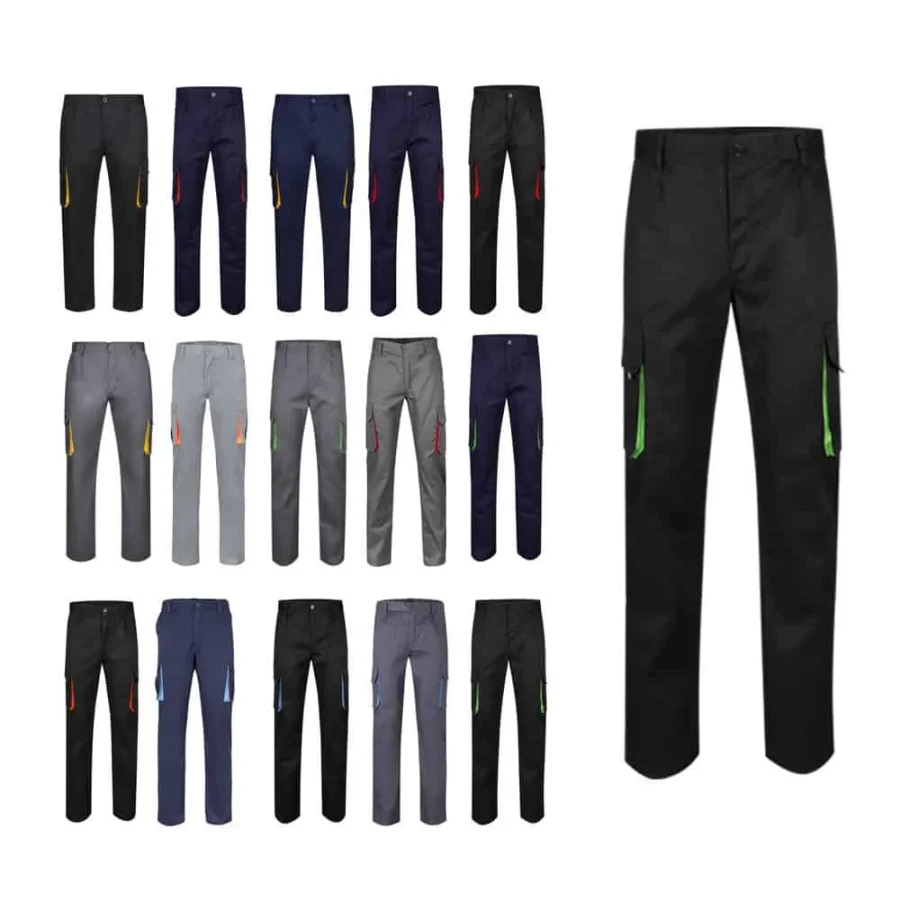 VL HYPNOS. Tvåfärgade byxor i twill med flera fickor (200g/m²), i bomull (35%) och polyester (65%)