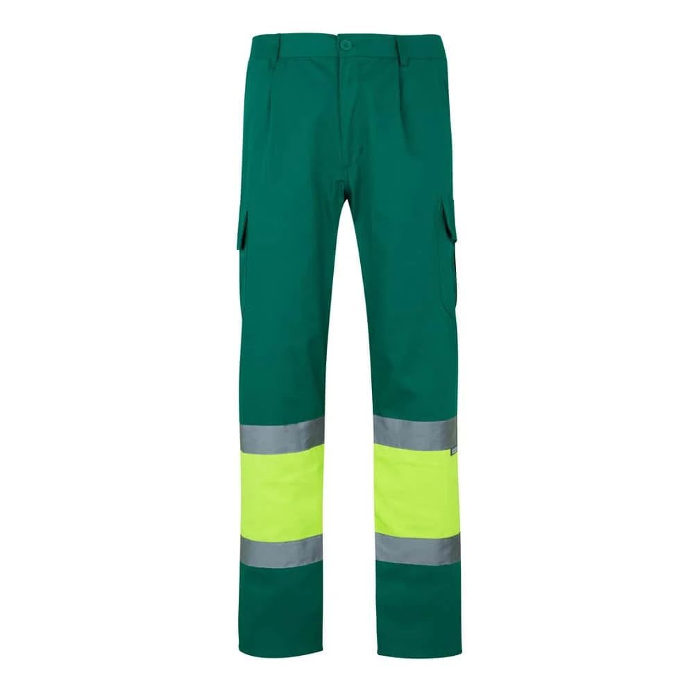 Tvåfärgade arbetsbyxor i twill med fickor, reflexdetaljer, i bomull och polyester.