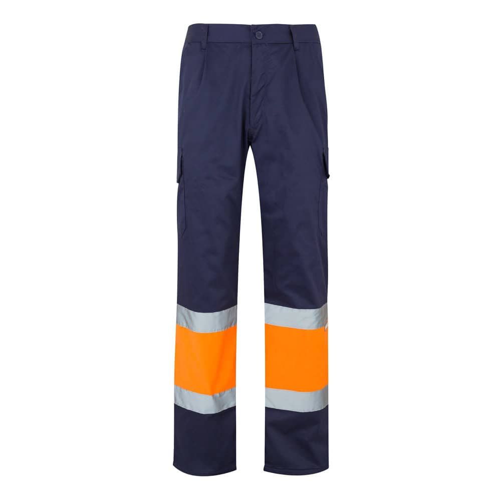 Tvåfärgade arbetsbyxor i twill med fickor, reflexdetaljer, i bomull och polyester.