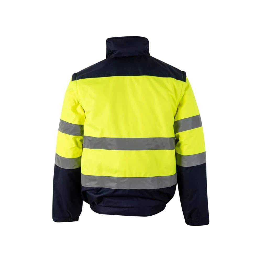 Tvåfärgad reflexväst och vadderad jacka i polyester med PU-beläggning för säkerhet.