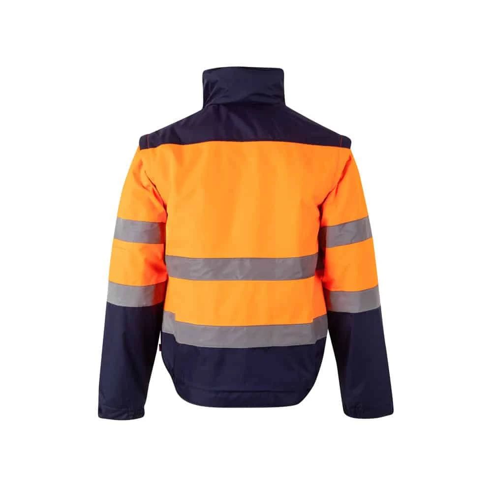Vadderad jacka i orange och navy med reflekterande band för ökad synlighet. Perfekt för arbetsmiljöe.