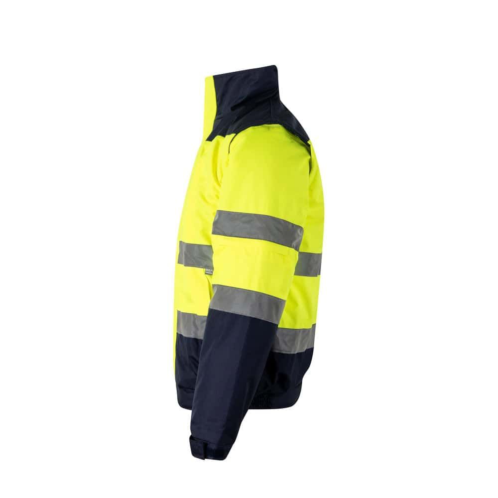 Högsynlig tvåfärgad vadderad jacka i polyester med PU-beläggning, idealisk för arbetsmiljöer.