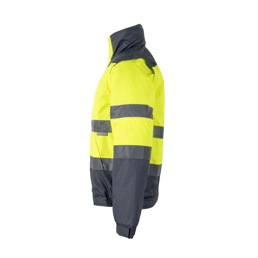 Tvåfärgad vadderad jacka i polyester med PU-beläggning, hög synlighet.