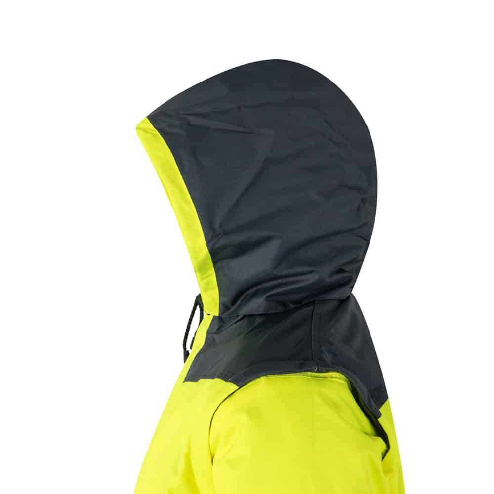 Svart och gul tvåfärgad vadderad jacka med huva, 180g/m² polyester, PU-beläggning.