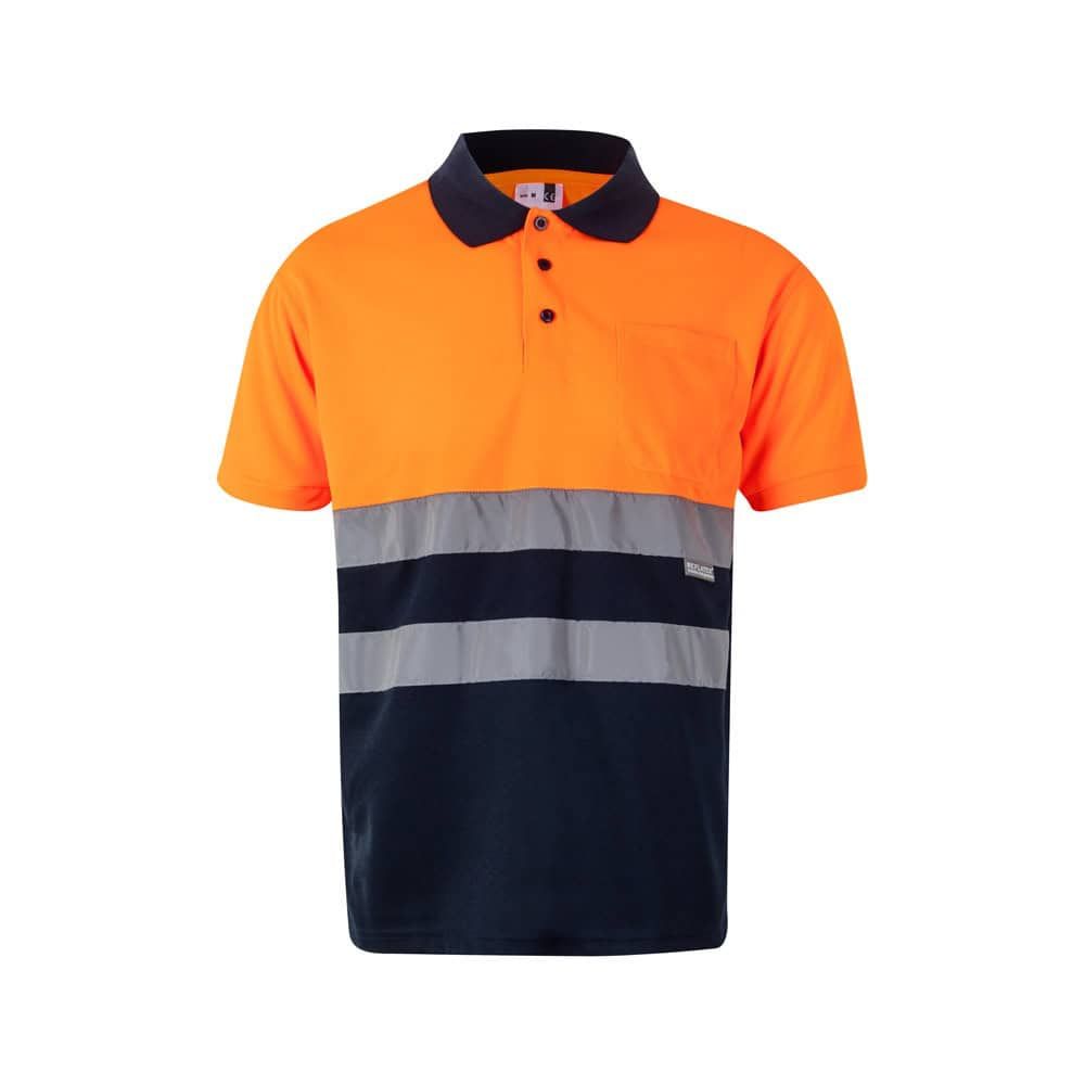 Pikétröja med reflexstreck i orange, grå och svart, korta ärmar, polyester 100%.