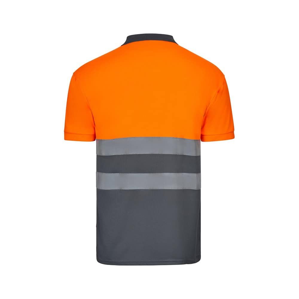 Reflekterande väst i orange och grått för säkerhet.