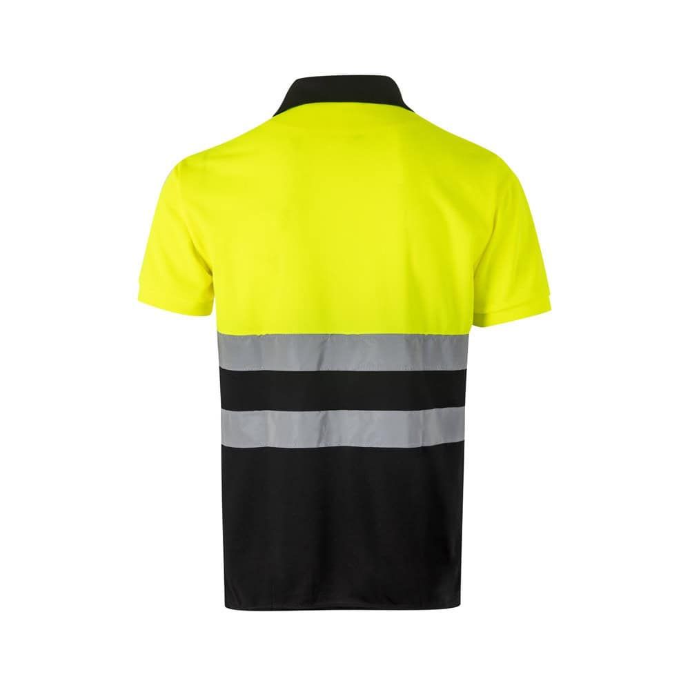 Stor pikétröja i polyester med fågelögonmönster, hög synlighet, kort ärm.