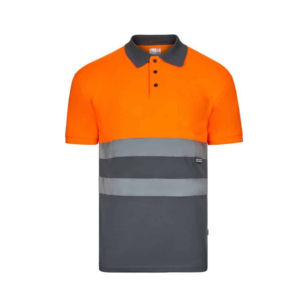 Tvåfärgad pikétröja i polyester med fågelögonmönster, orange och grå.