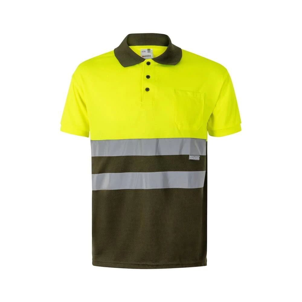 Tvåfärgad pikétröja med fågelögonmönster, korta ärmar, polyester.