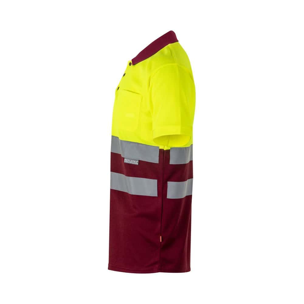 Högsynlig väst och shorts med reflekterande band för säkerhet.