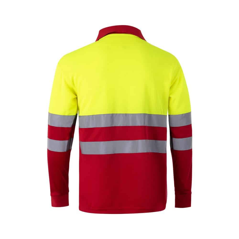 Reflekterande arbetskläder i gul och röd polyester, lång ärm, för säkerhet och synlighet.