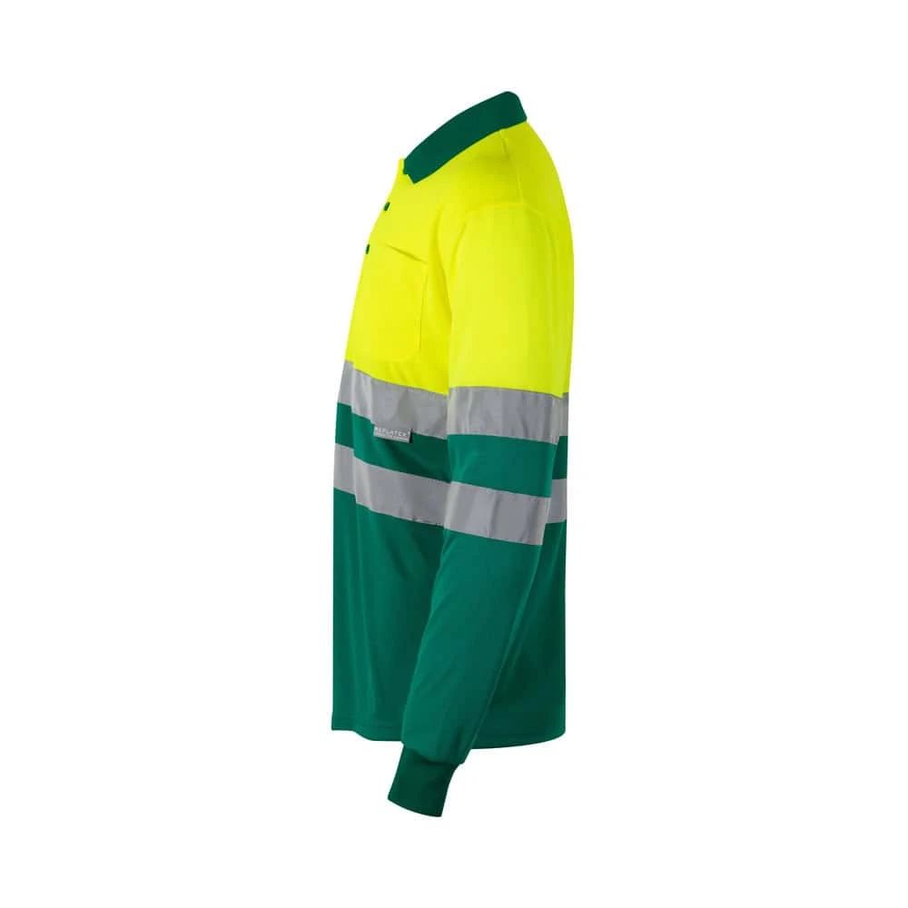 Färgglad arbetsjacka i polyester med reflekterande band och fågelögonmönster.