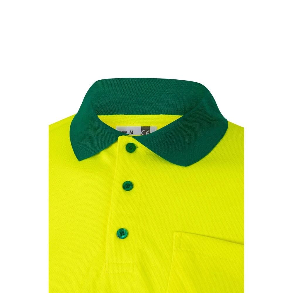 Gul pikétröja med grönt krage och fågelögonmönster, lång ärm, 160g/m², polyester.