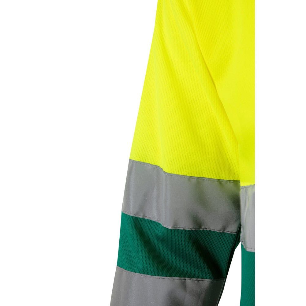 Pikétröja i polyester med fågelögonmönster och reflexband, i ljusgul, grön och grå.