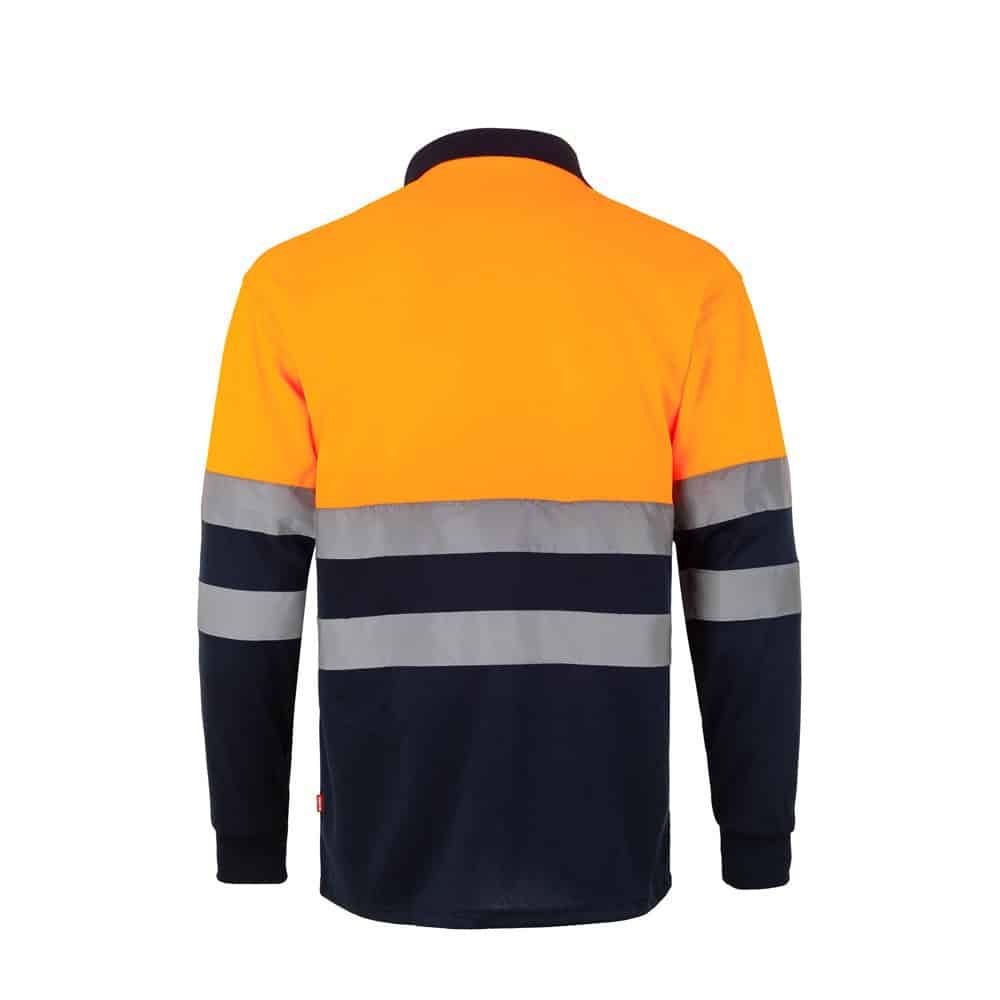 Orange och navyblå pikétröja med reflekterande band, långärmad, polyester.
