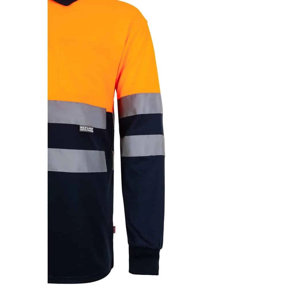 Pikétröja i orange, grå och navy med fågelögonmönster, lång ärm, 160g/m², polyester.