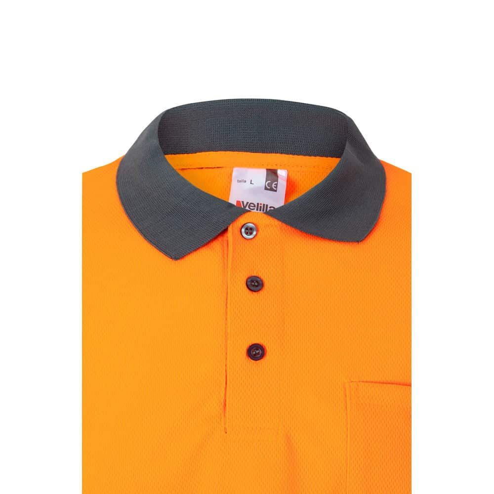 Orange och mörkgrå VULCAN pikétröja med fågelögon, långärmad, 160g/m², polyester.
