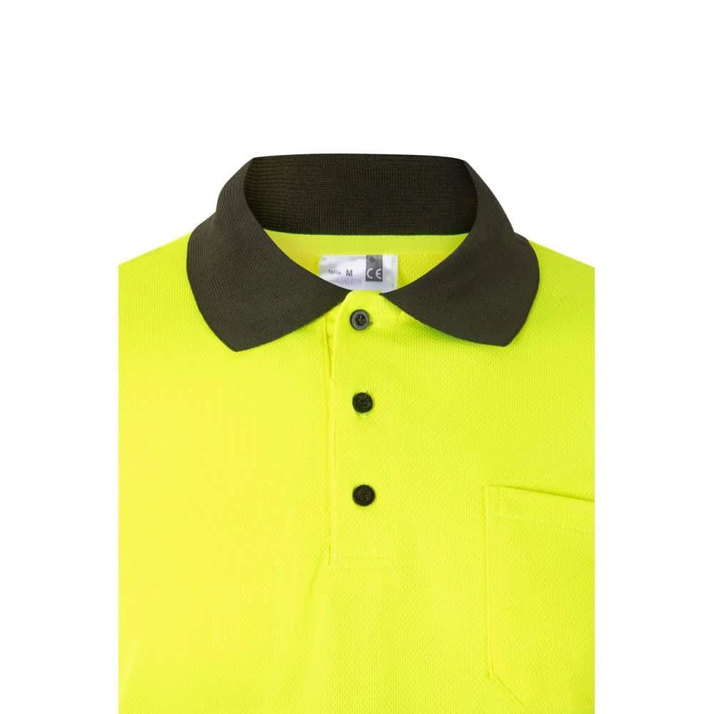 Gul pikétröja med svart krage och fågelögonmönster, långärmad, 160g/m², polyester.