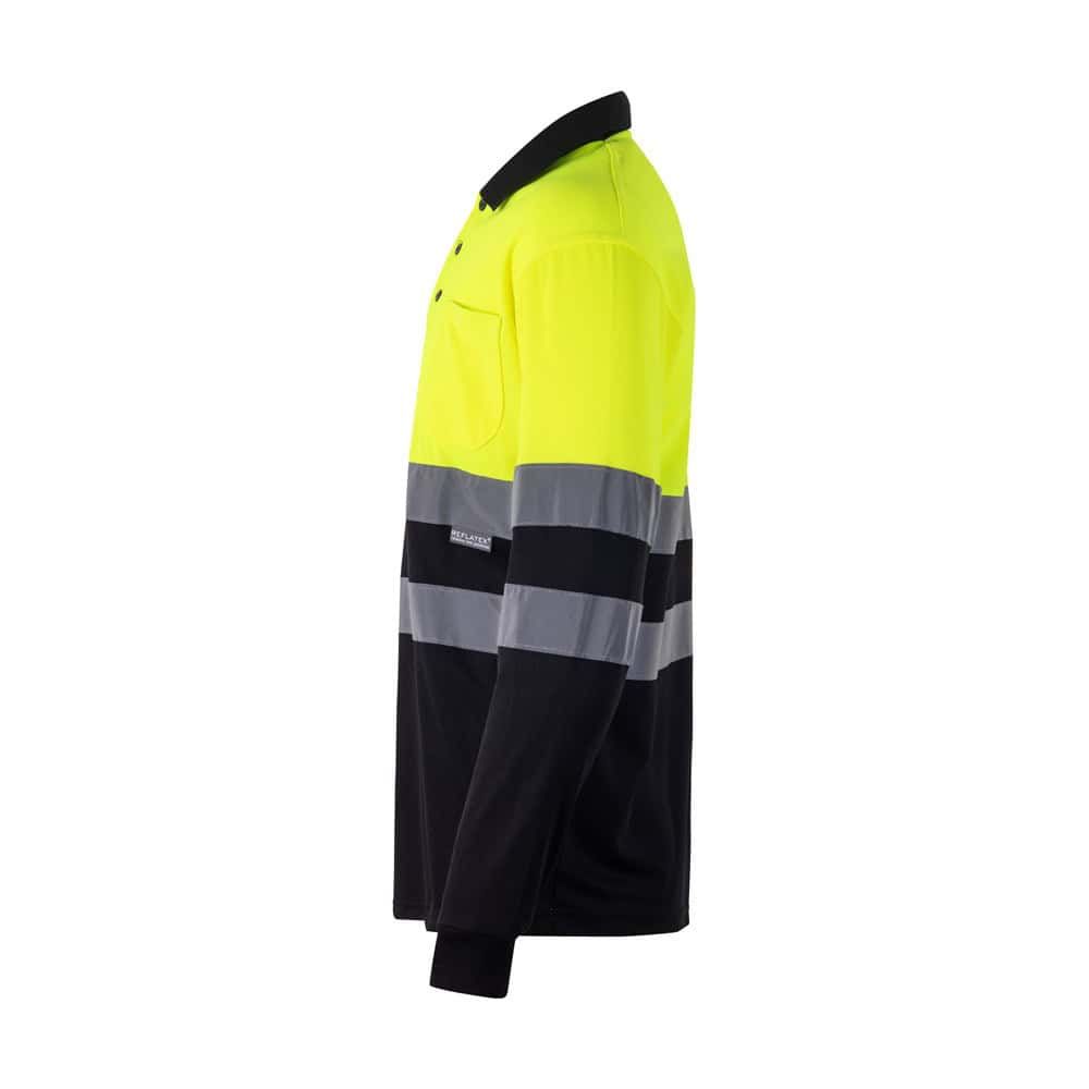 Tvåfärgad pikétröja i polyester med fågelögonmönster och långa ärmar.