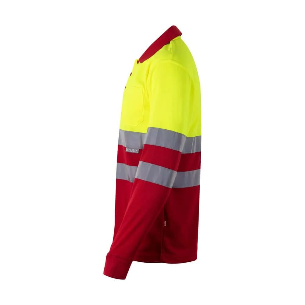 Tvåfärgad pikétröja i polyester med fågelögonmönster och långa ärmar.