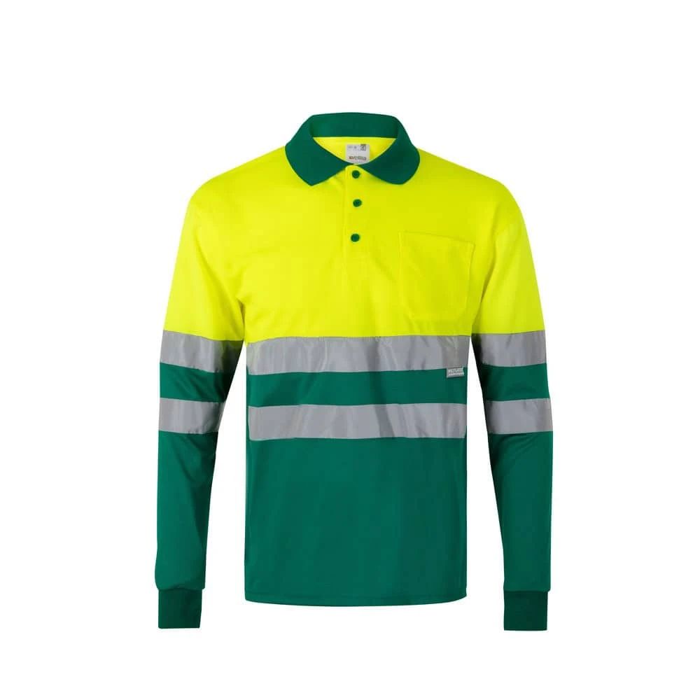 Tvåfärgad pikétröja i polyester med fågelögonmönster och långa ärmar.