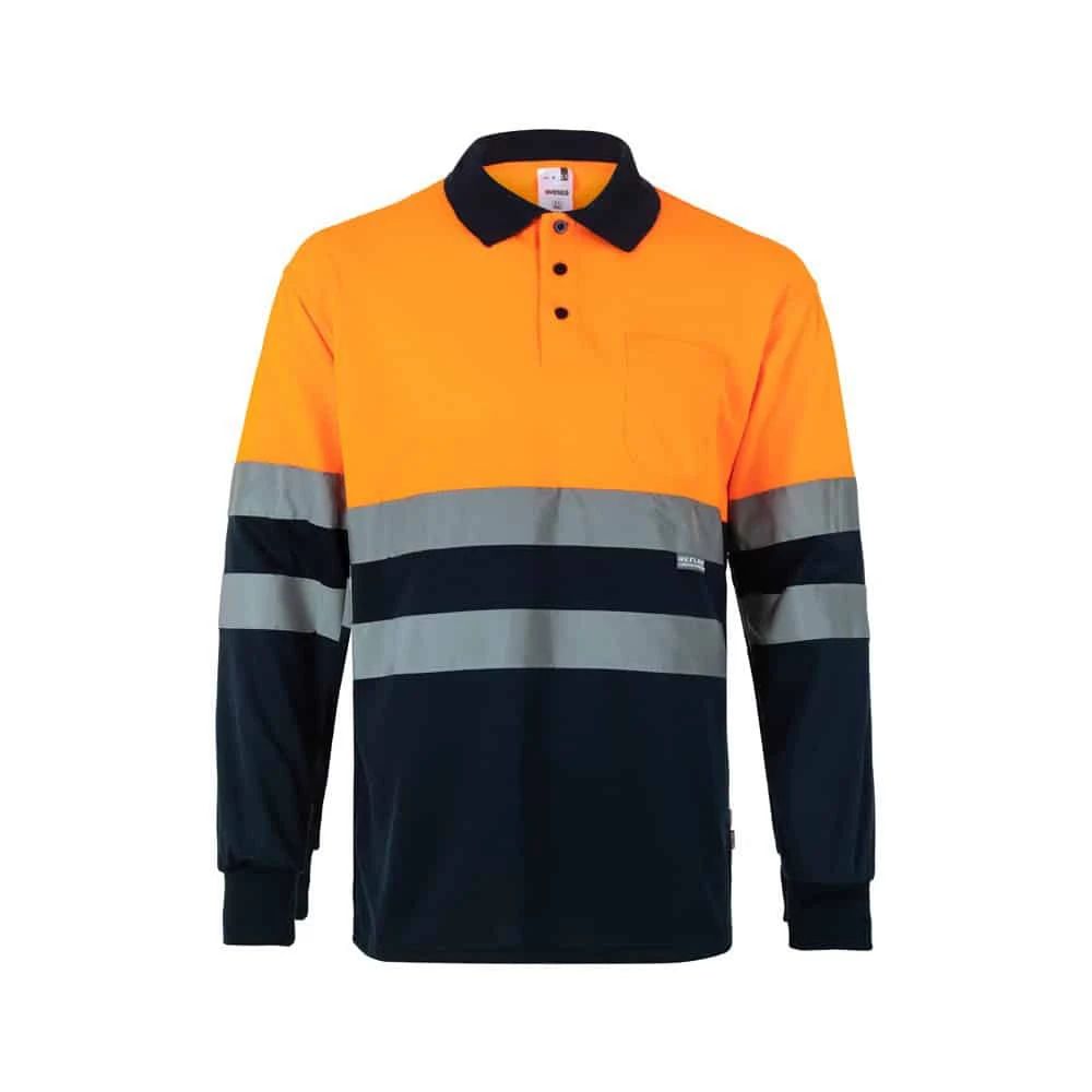 Färgglad långärmad pikétröja i orange, svart och grått med fågelögonmönster, 160g/m².