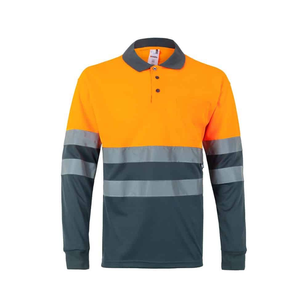 Tvåfärgad pikétröja i polyester med reflekterande band och fågelögonmönster.