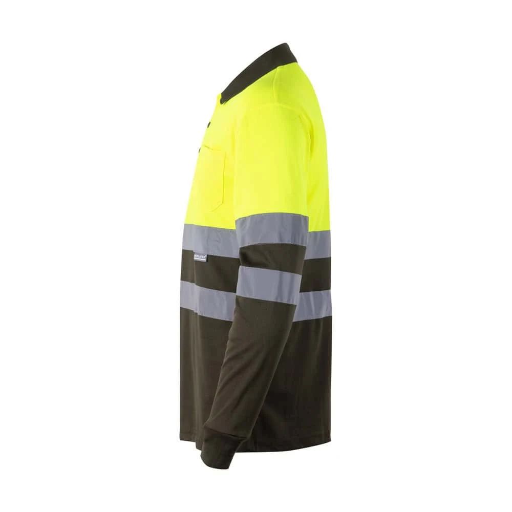 Tvåfärgad arbetsjacka med fågelögonmönster i polyester, lång ärm, hög synlighet.