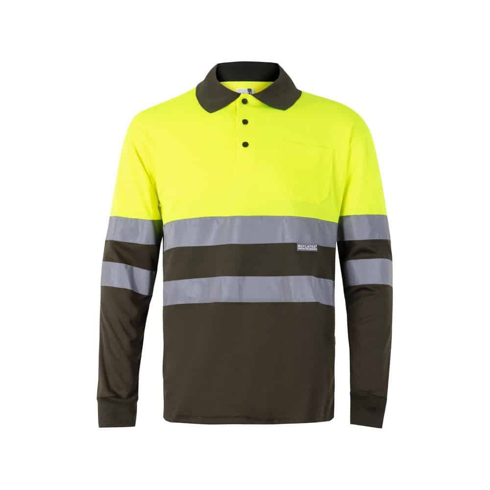 Pikétröja i polyester med tvåfärgade fågelögonmönster och reflekterande band för ökad synlighet.