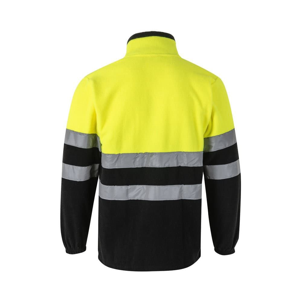 Tvåfärgad fleecejacka i polyester med reflexdetaljer för säkerhet.