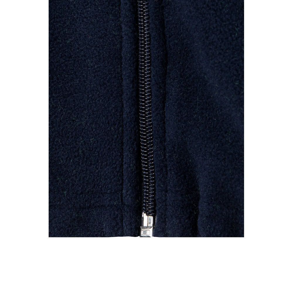 Närbild av dragkedja på blå fleecejacka i polyester 280g/m².