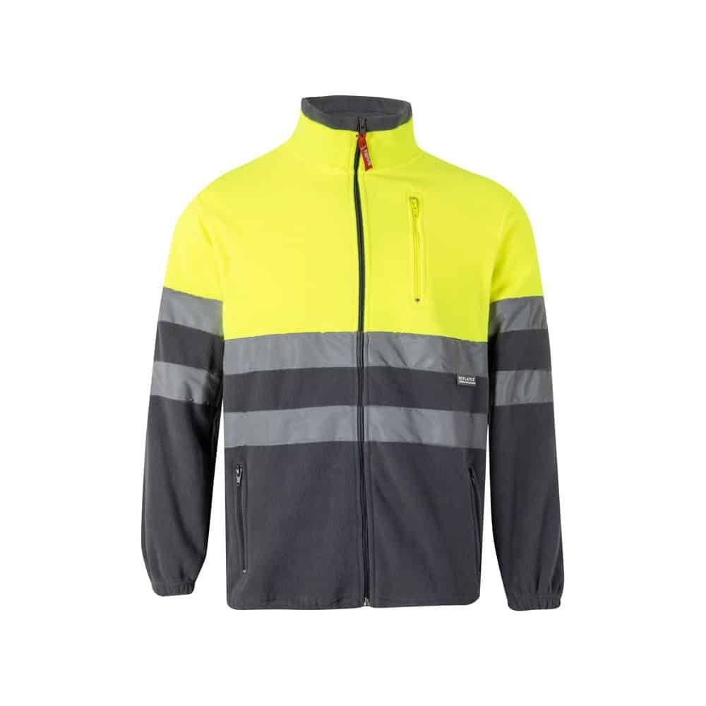 Tvåfärgad fleecejacka i polyester, hög synlighet, reflekterande band.