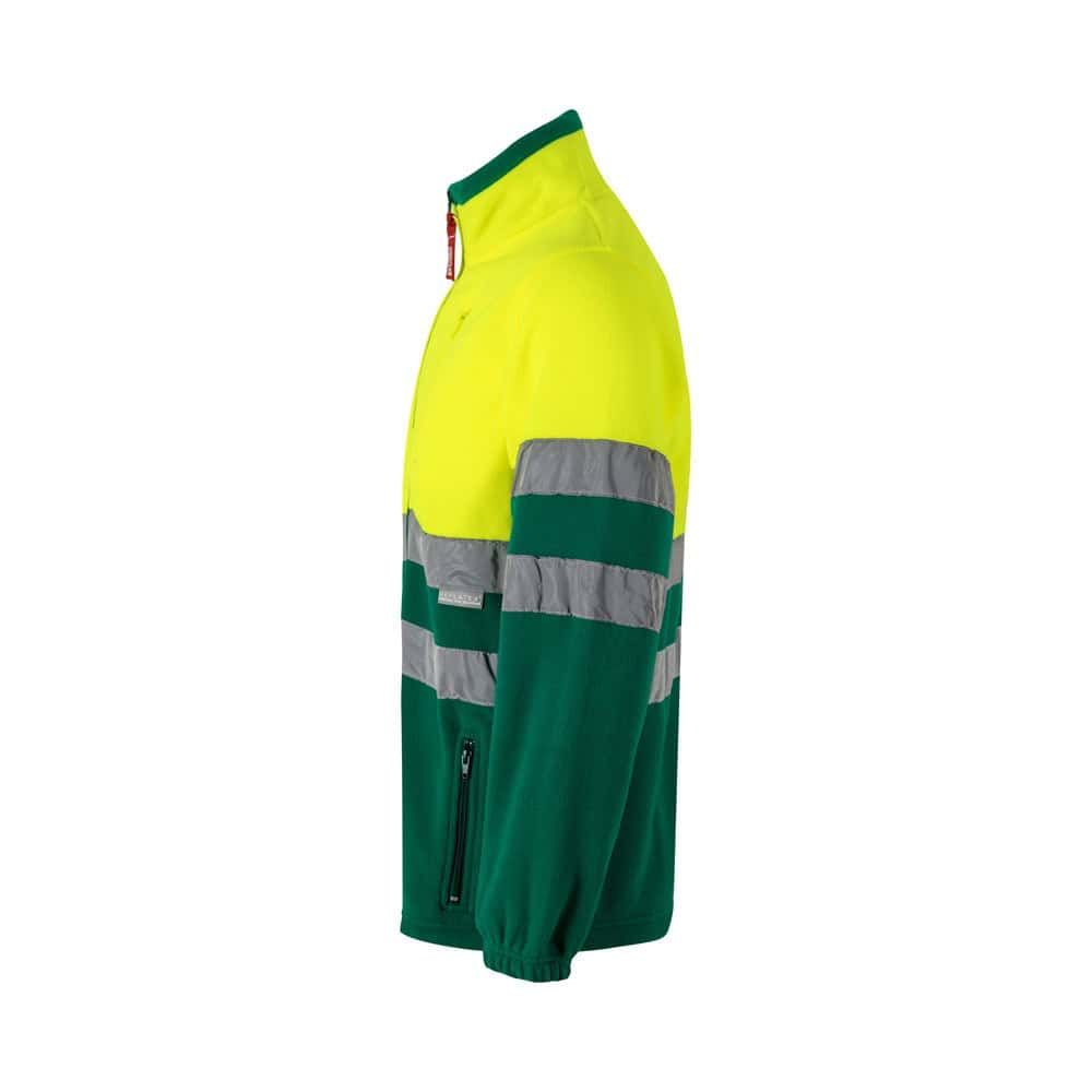 Tvåfärgad fleecejacka i polyester, gul och grön, med reflexdetaljer.