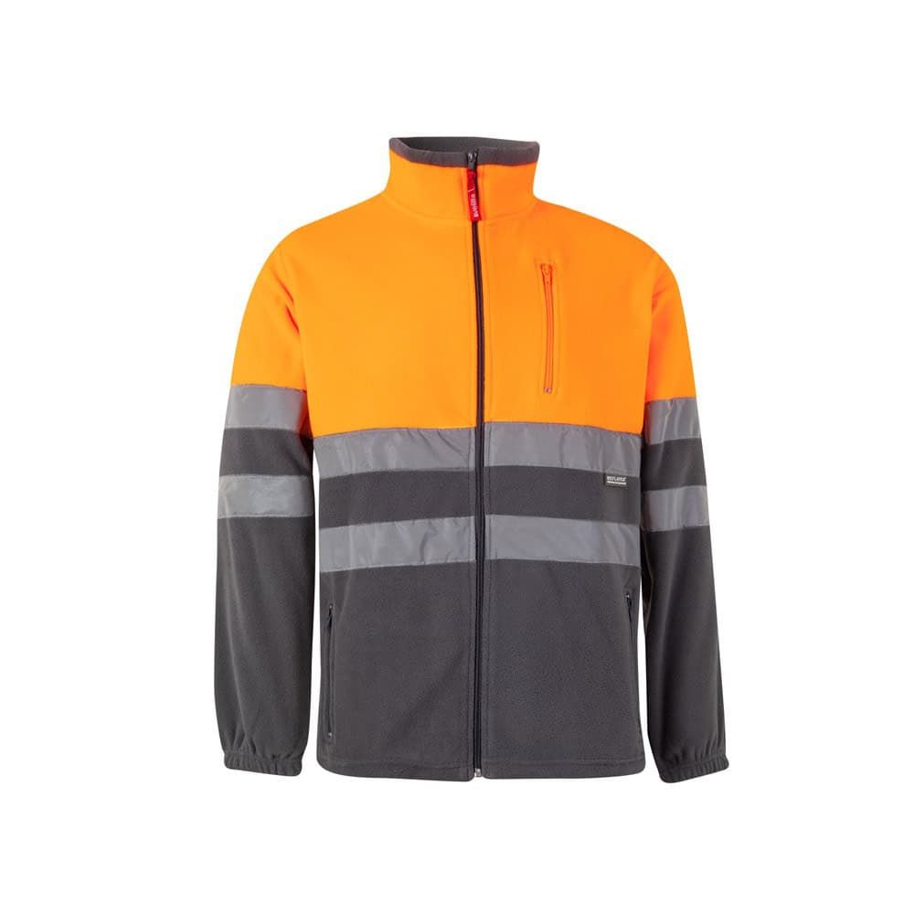 Fleecetröja i tvåfärgad design med orange och grå färg, reflekterande band för ökad synlighet.