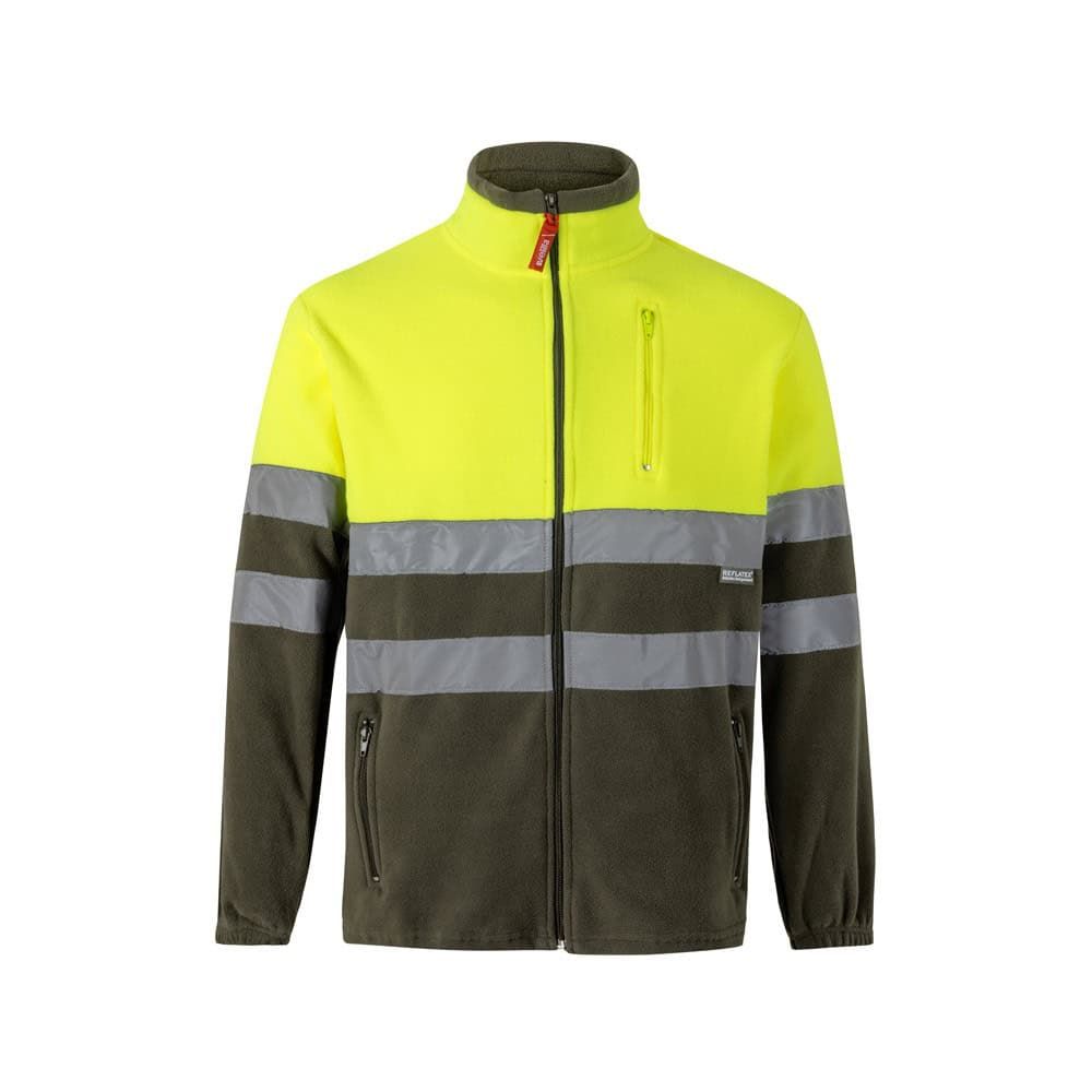 Tvåfärgad fleecejacka i polyester med reflexremsor för synlighet.