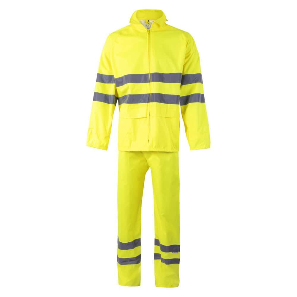 Regndräkt i polyester med PU-beläggning, hög synlighet för säkerhet vid dåligt väder.