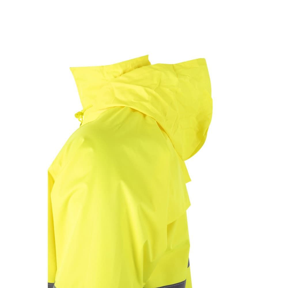 Gul regnjacka i polyester med PU-beläggning, perfekt för våta väderförhållanden.