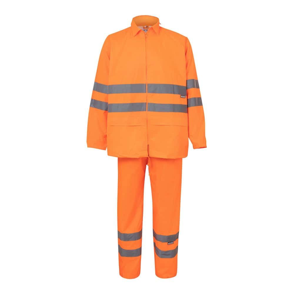 Regndräkt VL VENUS i orange med reflekterande band, 130g/m² polyester med PU-beläggning.