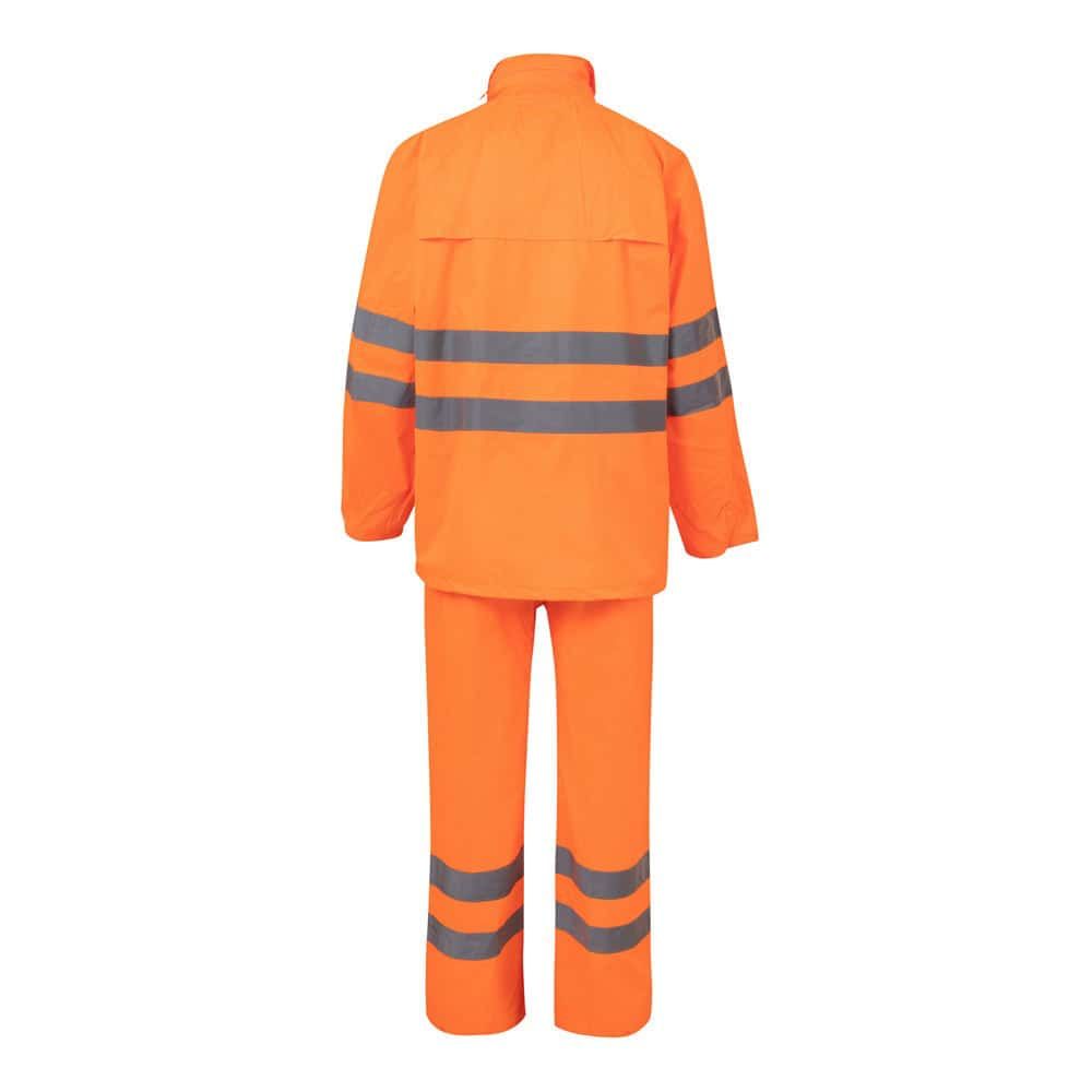 Regndräkt VL VENUS i orange med reflekterande band, 130g/m² polyester, PU-beläggning.